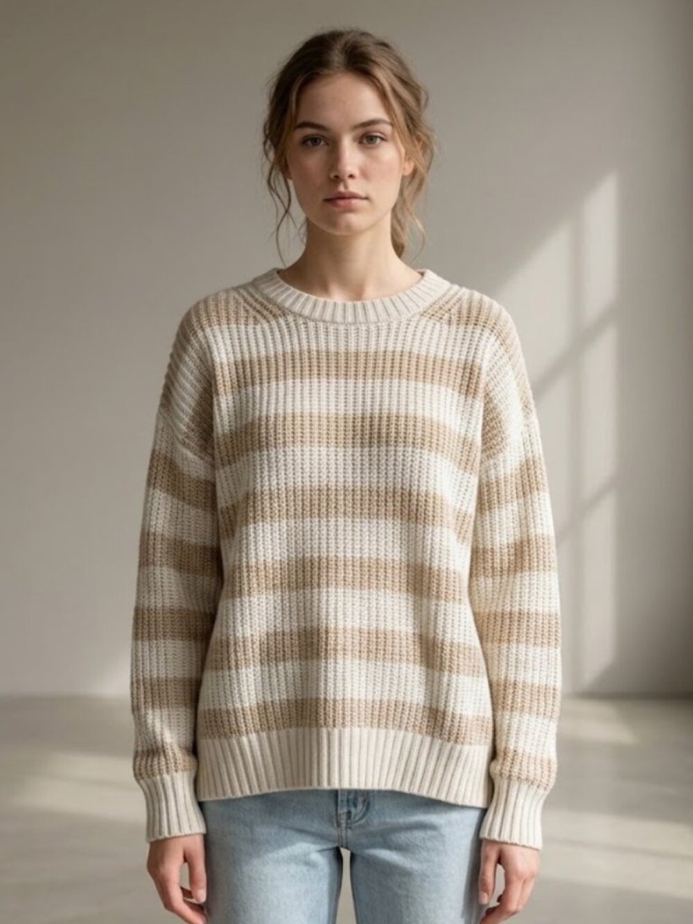 American Eagle Medium Chunky Striped Sweater Tan Brown Cozy Fall Winter Cozy